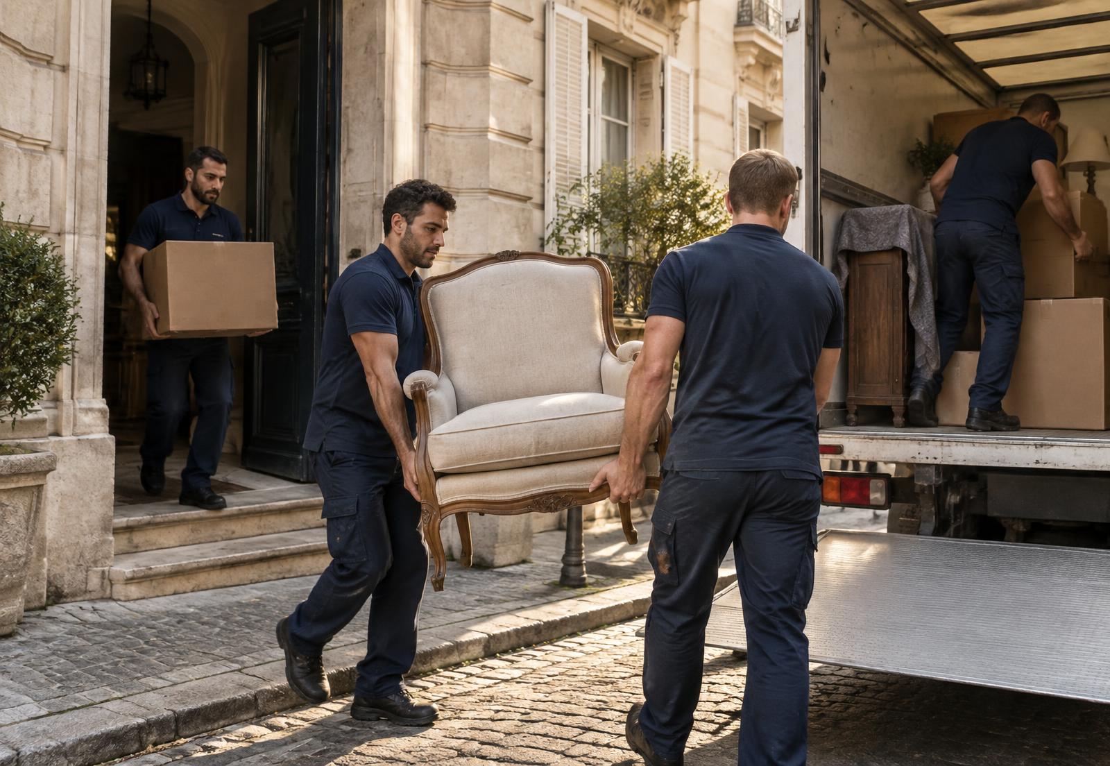 Équipe de débarras transportant des meubles vers un camion